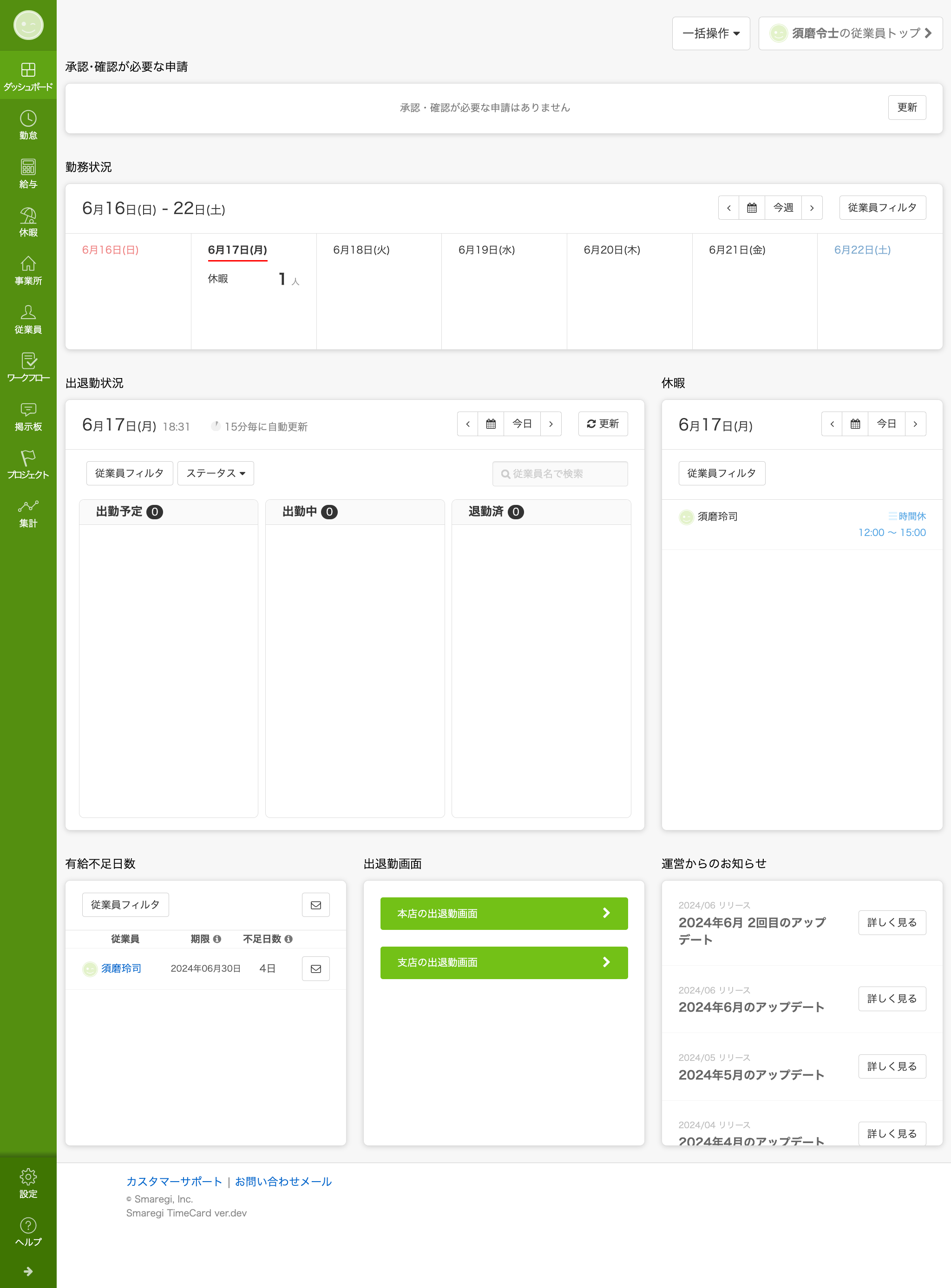 ダッシュボード機能（管理者トップ画面） – スマレジ・タイムカード ヘルプ